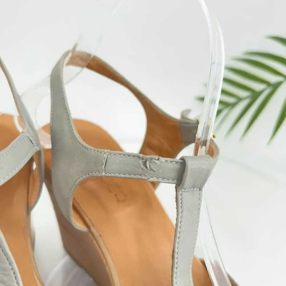 Pomme D'or Sandals Women's Size 39 8 Blue Gray Leather T-Strap Platform Wedge - Picture 15 of 16